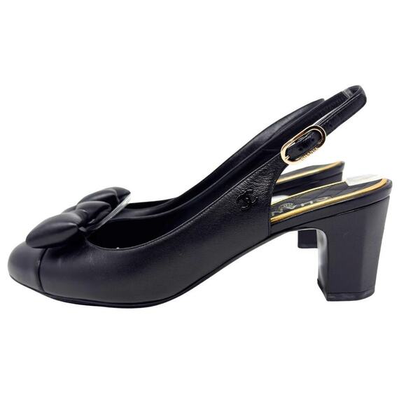 Chanel CC Logo Bow Black Gold Slingback Quilted Mary Jane Block Heels Loafers 38 - Picture 4 of 12